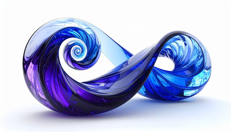 Abstract 3d illustration of blue twisted glass waves on white background.の素材