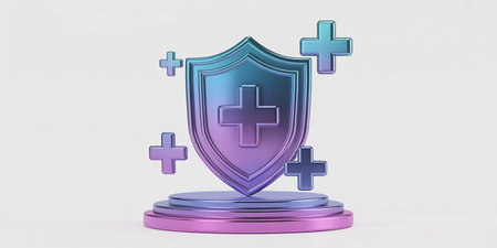 3d rendering of a blue medical symbol on a purple pedestalの素材
