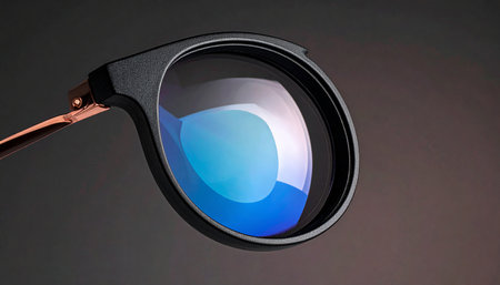 Sunglasses with blue lenses on a gray background close-upの素材