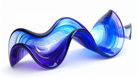 3d render of abstract blue glass waves on a white background.の素材
