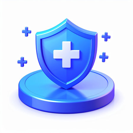 Blue shield with cross icon isolated on white background. 3d renderの素材