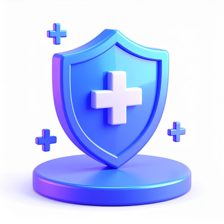 Blue Shield with cross icon isolated on white background. 3d illustrationの素材