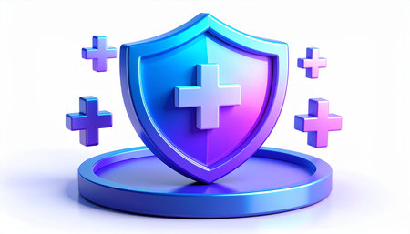3d illustration of medical shield over white background with plus sign.の素材