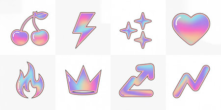 Cherries, stars, lightning, heart, thunder. Set of logos.の素材
