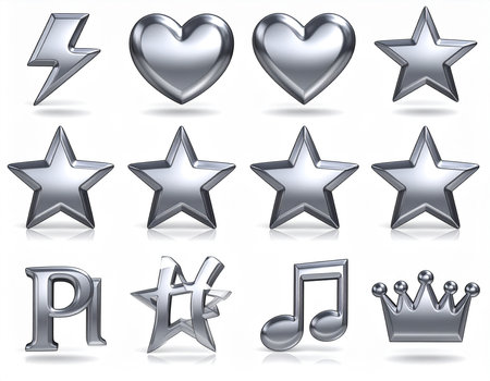 Silver star icons set with shadow on white background. Vector illustration.の素材