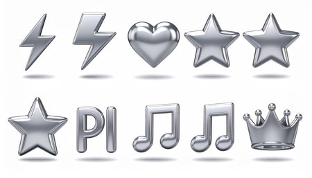 Silver star icons set isolated on white background. 3D rendering.の素材