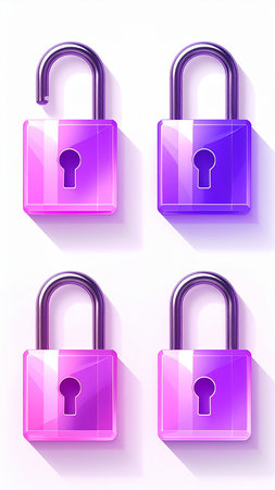 Set of purple padlock icons on white background. Vector illustration.の素材