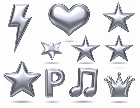 Silver star icons set isolated on white background. 3d rendering.の素材