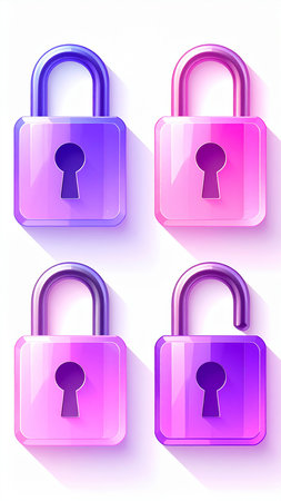 Set of pink and purple padlock icons on white background. Vector illustration.の素材