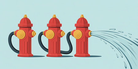 Red fire hydrant on blue background. Flat style vector illustration.の素材