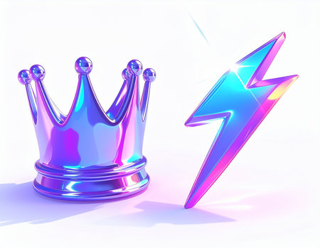 Illustration of a crown and lightning on a white background. 3D rendering.の素材