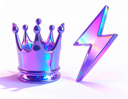 Crown and lightning on white background. 3D rendering. Computer digital drawing.の素材