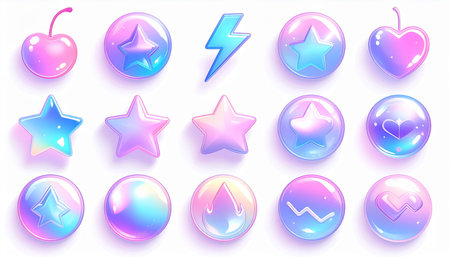 Vector set of glossy buttons with different colors of stars and lightning.の素材