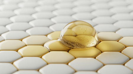 Close-up of a water drop on a white hexagon backgroundの素材