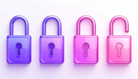3d illustration of colorful padlock icons isolated on white background.の素材