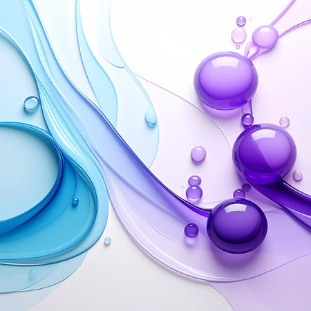 abstract background with blue and purple waves and drops. 3d illustrationの素材