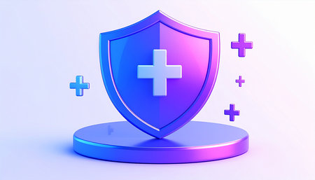 Isometric Medical shield with cross icon isolated on white background. Health insurance. Security, safety, protection, protect concept. 3d illustration 3D renderの素材
