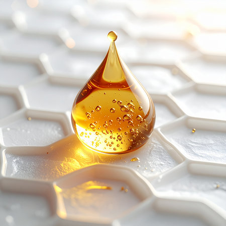 Honey drop on white hexagon background. 3d render illustrationの素材