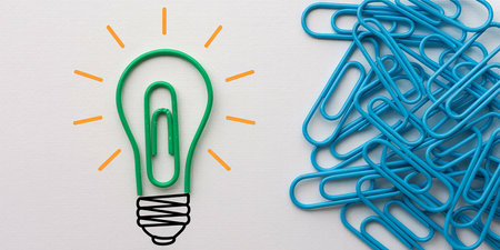 Green light bulb and blue paperclips on white background, idea conceptの素材