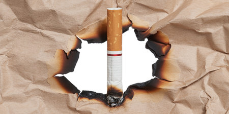Cigarette in a burnt paper isolated on a white background.の素材