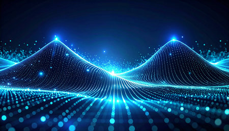 Abstract digital landscape. Big data visualization. Futuristic technology wave.の素材