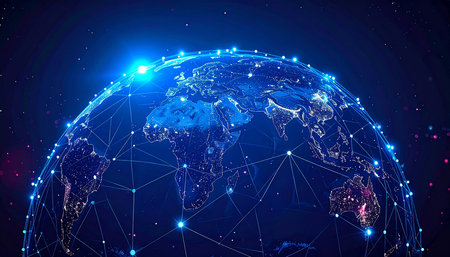 World map point and line connections on dark blue background. Vector illustration.の素材