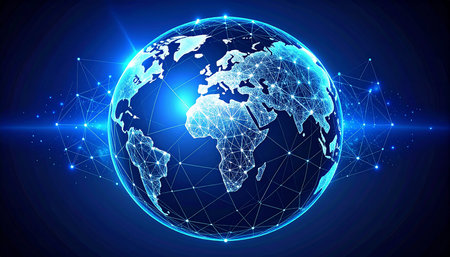Global network connection technology concept. Polygonal world map on blue background. Vector illustrationの素材