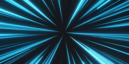 Blue glowing light lines radiating from the center. Abstract futuristic background.の素材