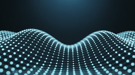 3d rendering of abstract digital landscape with polygonal particles in blue lightの素材