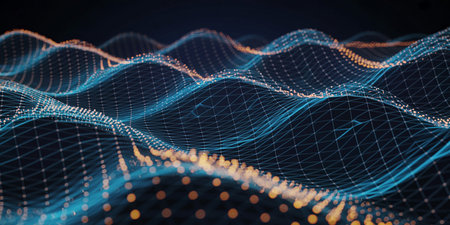 Data technology abstract futuristic illustration. Low poly shape with connecting dots and lines on dark background. 3D rendering. Big data visualization.の素材