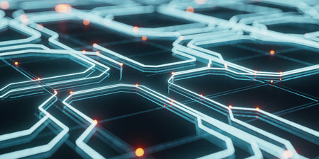 Futuristic technological background with hexagons and glowing lines. 3D renderingの素材