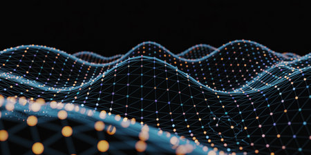 Data technology abstract futuristic illustration. Low poly shape with connecting dots and lines on dark background. 3D rendering. Big data visualization.の素材