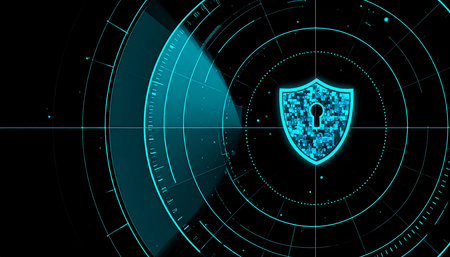 Cyber security concept. Shield with padlock on dark background. 3D Renderingの素材