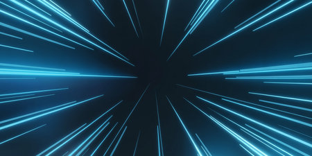 Abstract 3d illustration of blue and white glowing lights in the dark.の素材