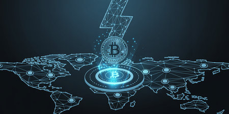 Abstract digital bitcoin hologram on world map background. 3D Renderingの素材