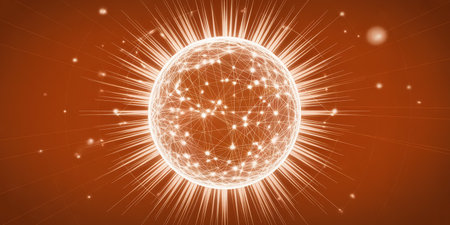 Abstract sphere with glowing lines and dots on orange background. 3D renderingの素材