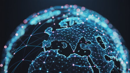 Global network connection on dark background. 3d rendering toned image double exposureの素材