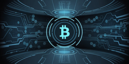 Abstract futuristic digital background with bitcoin symbol. Vector illustration for your designの素材