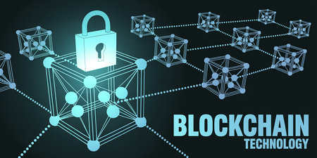 Blockchain technology concept. Polygonal network and lock. 3d illustrationの素材