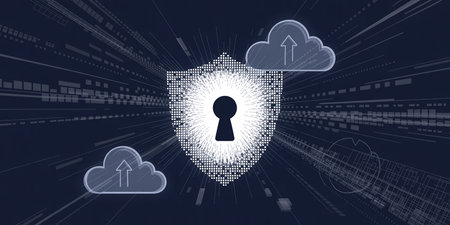 Illustration of a data security concept with a shield and binary codeの素材