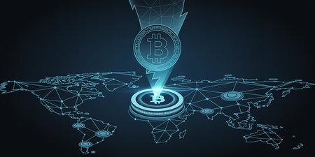 Bitcoin cryptocurrency coin on the world map. Cryptocurrency mining concept.の素材