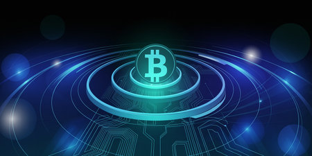 Vector abstract background with bitcoin symbol and circuit board. Cryptocurrency concept.の素材