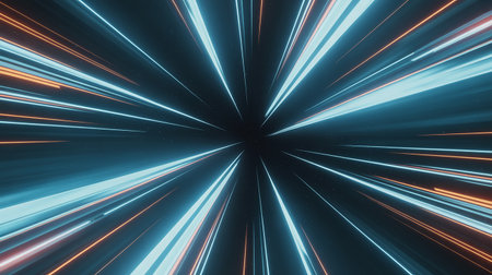 abstract background of blue and orange glowing lines in the dark tunnelの素材