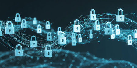 3D rendering of a cyber security concept with network and padlockの素材