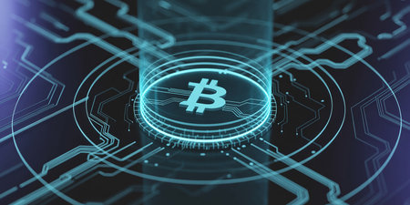 Bitcoin hologram over circuit background. Cryptocurrency and finance concept. 3D Renderingの素材