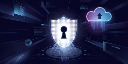 Cloud computing security concept with shield and keyhole. 3D renderingの素材