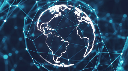 Global network connection on blue background. 3d rendering toned image double exposureの素材