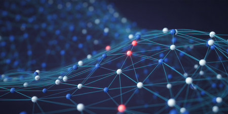 3D rendering of a network of connections with lines and dots in blue colorsの素材