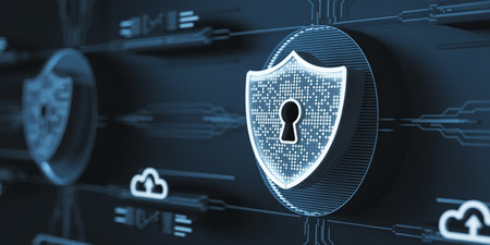 Cyber security concept. Shield with keyhole on digital background. 3d illustrationの素材