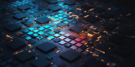 Circuit board close-up. Technology background. 3D renderingの素材